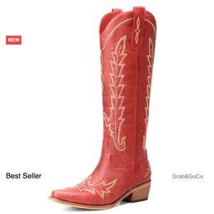 Knee High Western Boots Pointed Toe Chunky Heel Pull On Zipper Retro Vintage